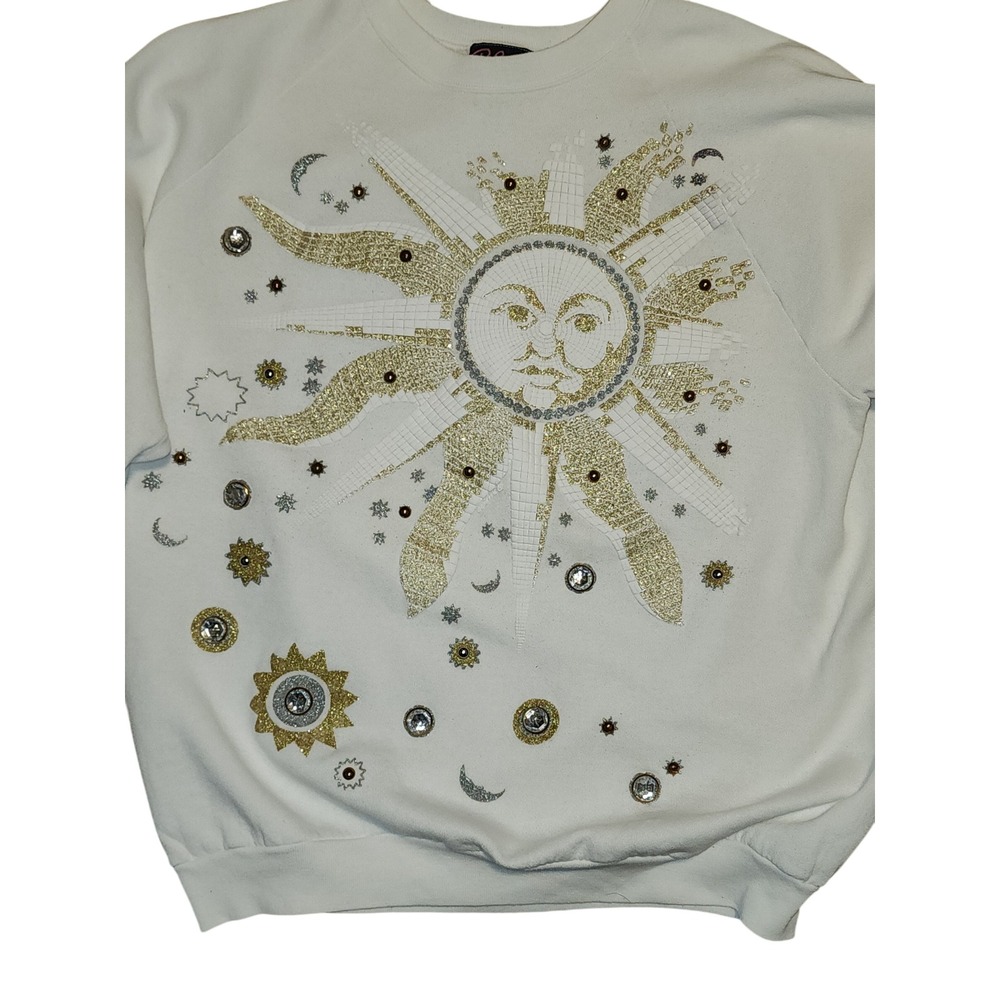 Vintage P.G.B. Celestial Sun Moon Rhinestone Sweatshirt White Gold Size 2X Y2K